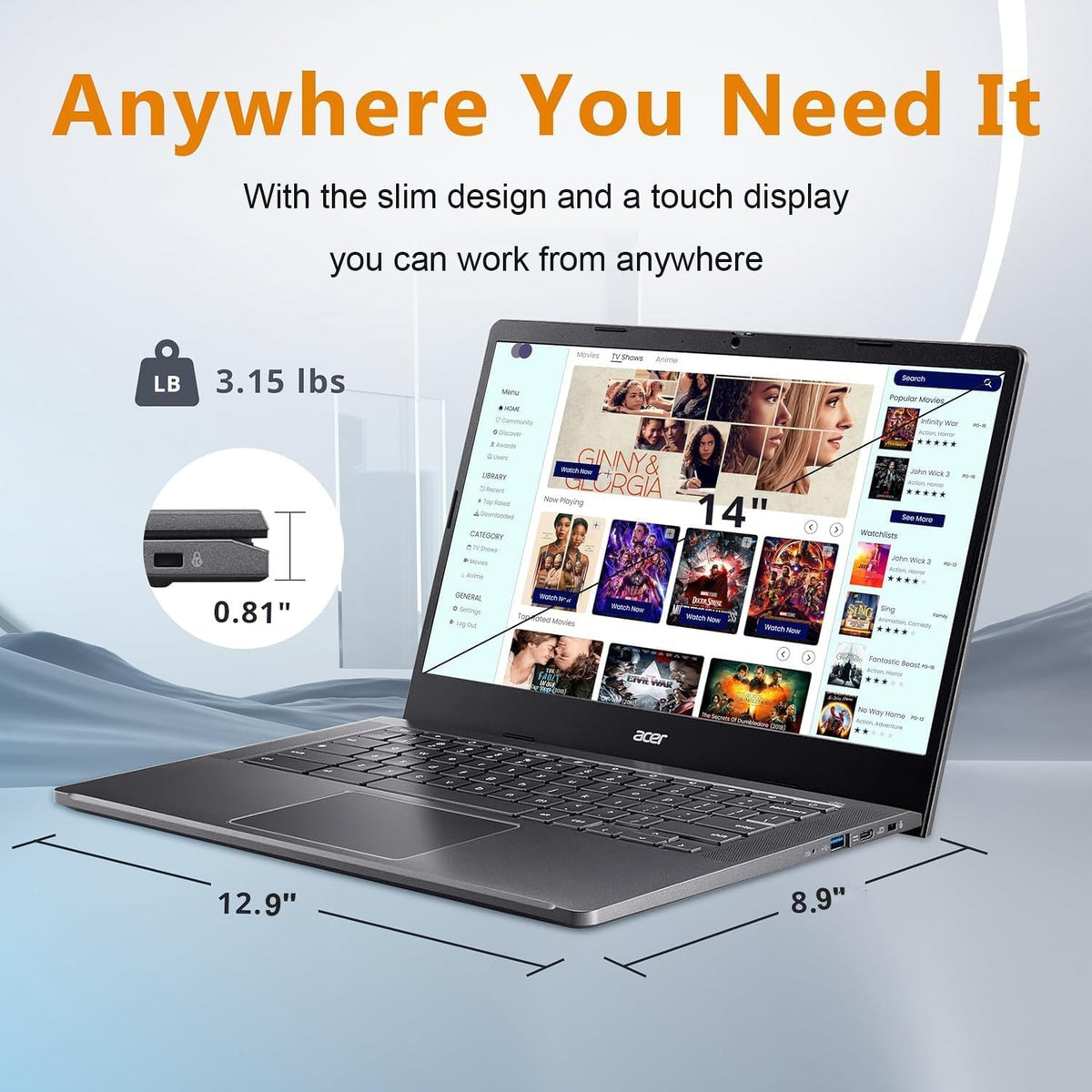 Chromebook Plus 514 Laptop with Google AI, Intel 8-Core i3-N305, 8 GB LPDDR5, 512 GB SSD, 14" FHD IPS Touch Screen, Wi-Fi 6E, Chrome OS H14928