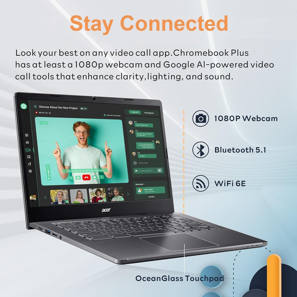 Chromebook Plus 514 Laptop with Google AI, Intel 8-Core i3-N305, 8 GB LPDDR5, 512 GB SSD, 14" FHD IPS Touch Screen, Wi-Fi 6E, Chrome OS H14928