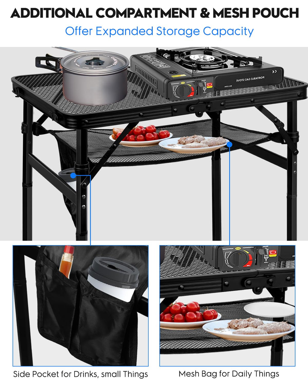 Folding Height Adjustable Aluminum Grill Table with Mesh Desktop and Mesh Bag, Black, 23.6×15.7 inch L24264