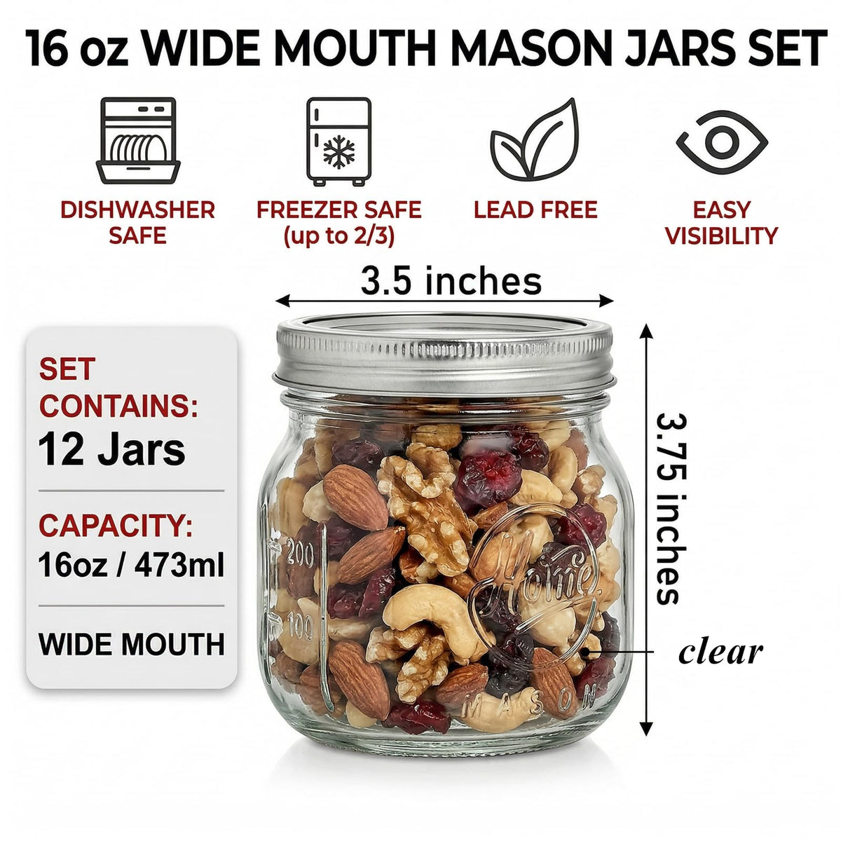 12 Pack 16Oz Wide Mouth Glass Mason Jars with Airtight Lids G507359