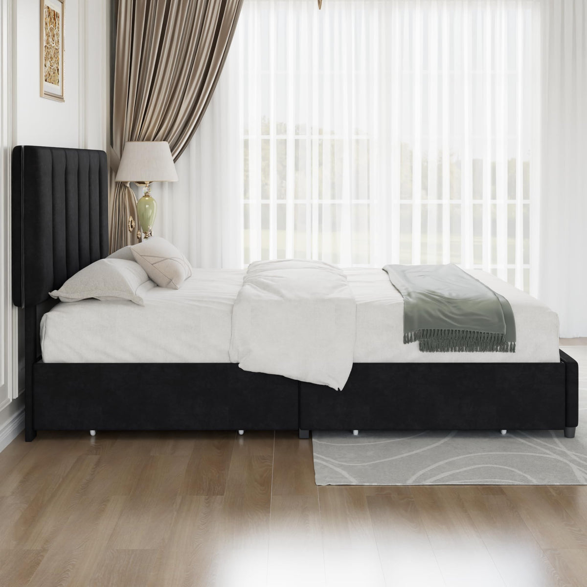 Queen Size Black Bed Frame with 4 Storage Drawers L387808