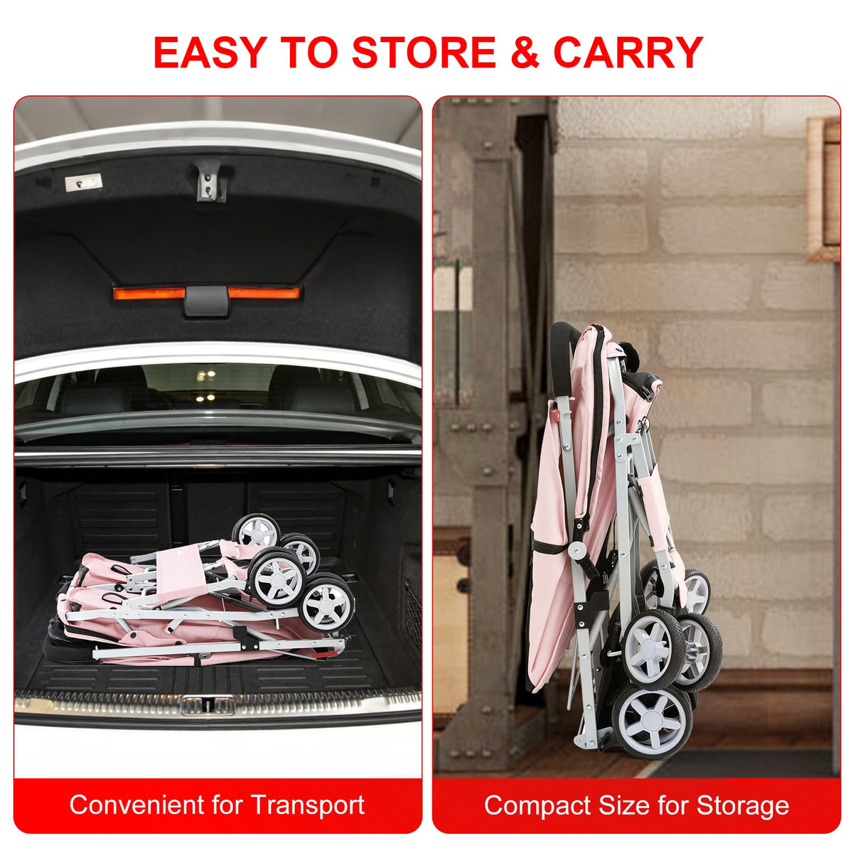 Double Pet Stroller for 2 Small Dogs & Cats, Side-by-Side Twin Travel Carriage with Safety Leashes, Mesh Windows & Double Storage Baskets, Lightweight & Foldable, 44lbs Capacity, Pink Z5518