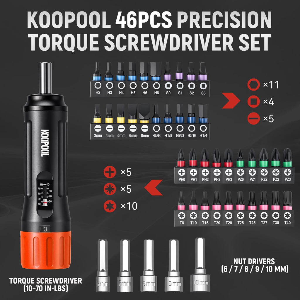 46Pcs Torque Screwdriver Set 1/4" 10-70 in-lb U860