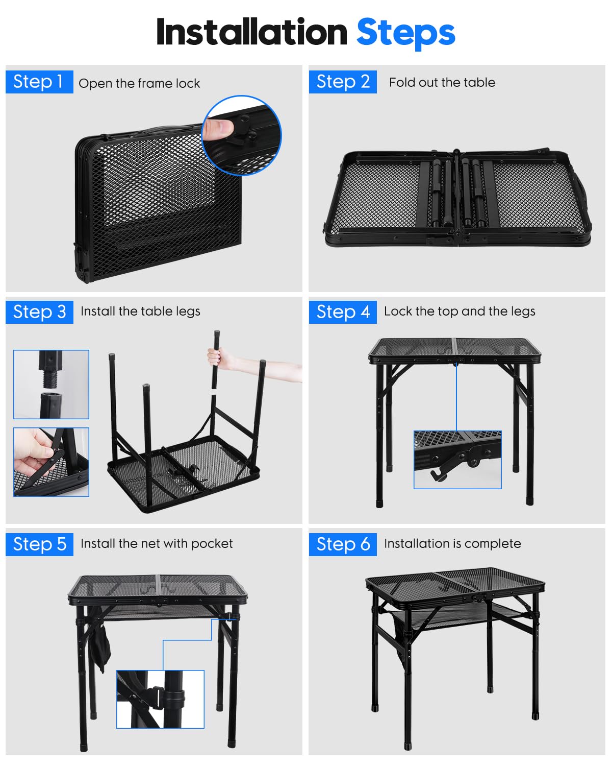 Folding Height Adjustable Aluminum Grill Table with Mesh Desktop and Mesh Bag, Black, 23.6×15.7 inch L24264