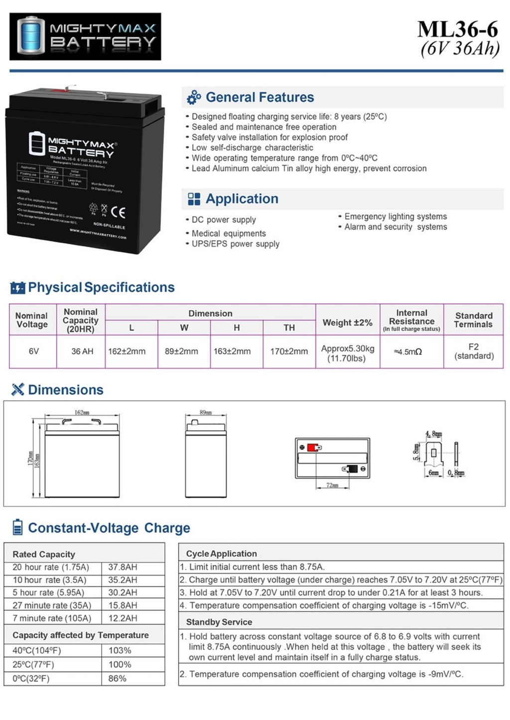 6V 36Ah AGM F2 Terminal Battery F13048