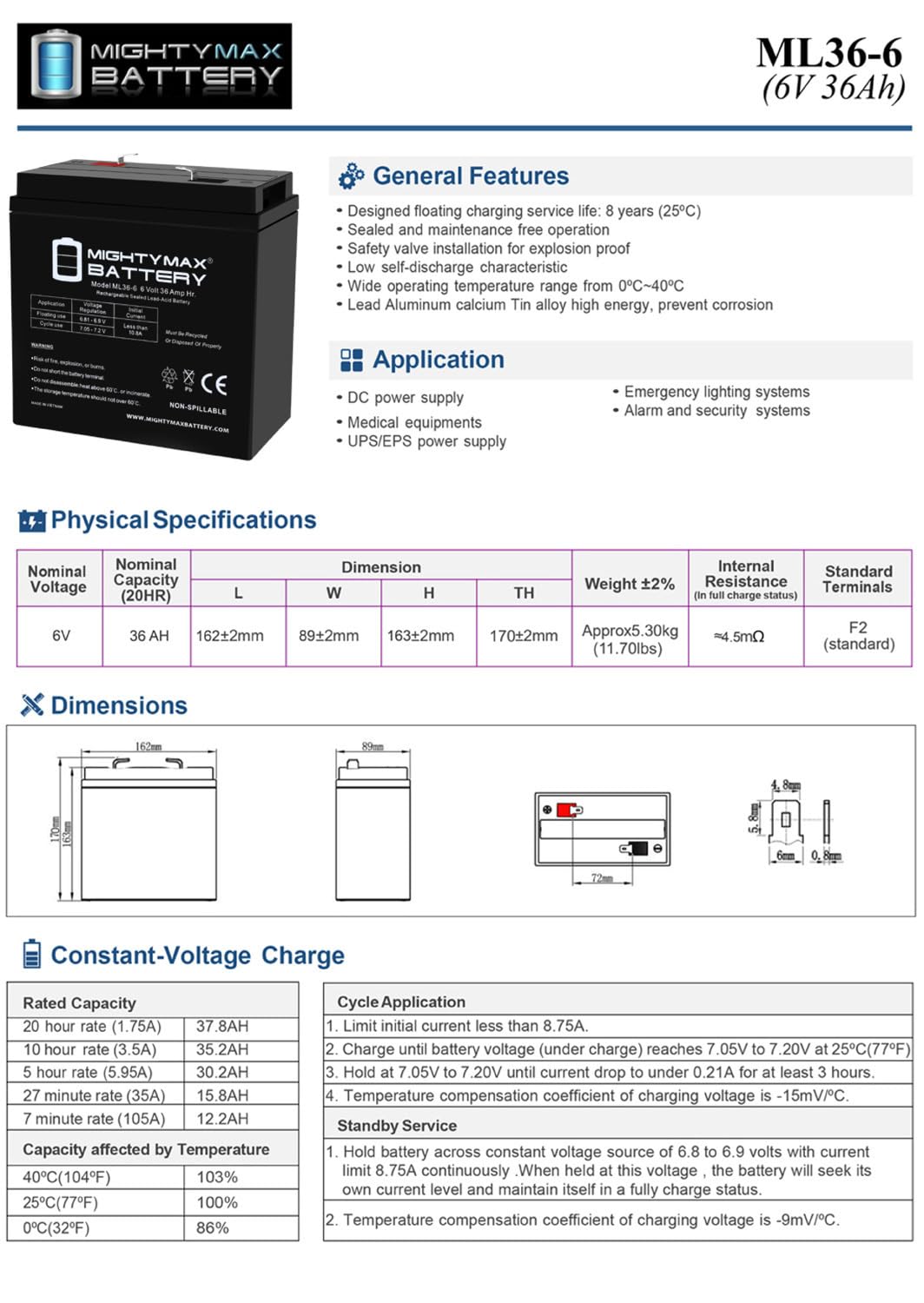 6V 36Ah AGM F2 Terminal Battery F13048