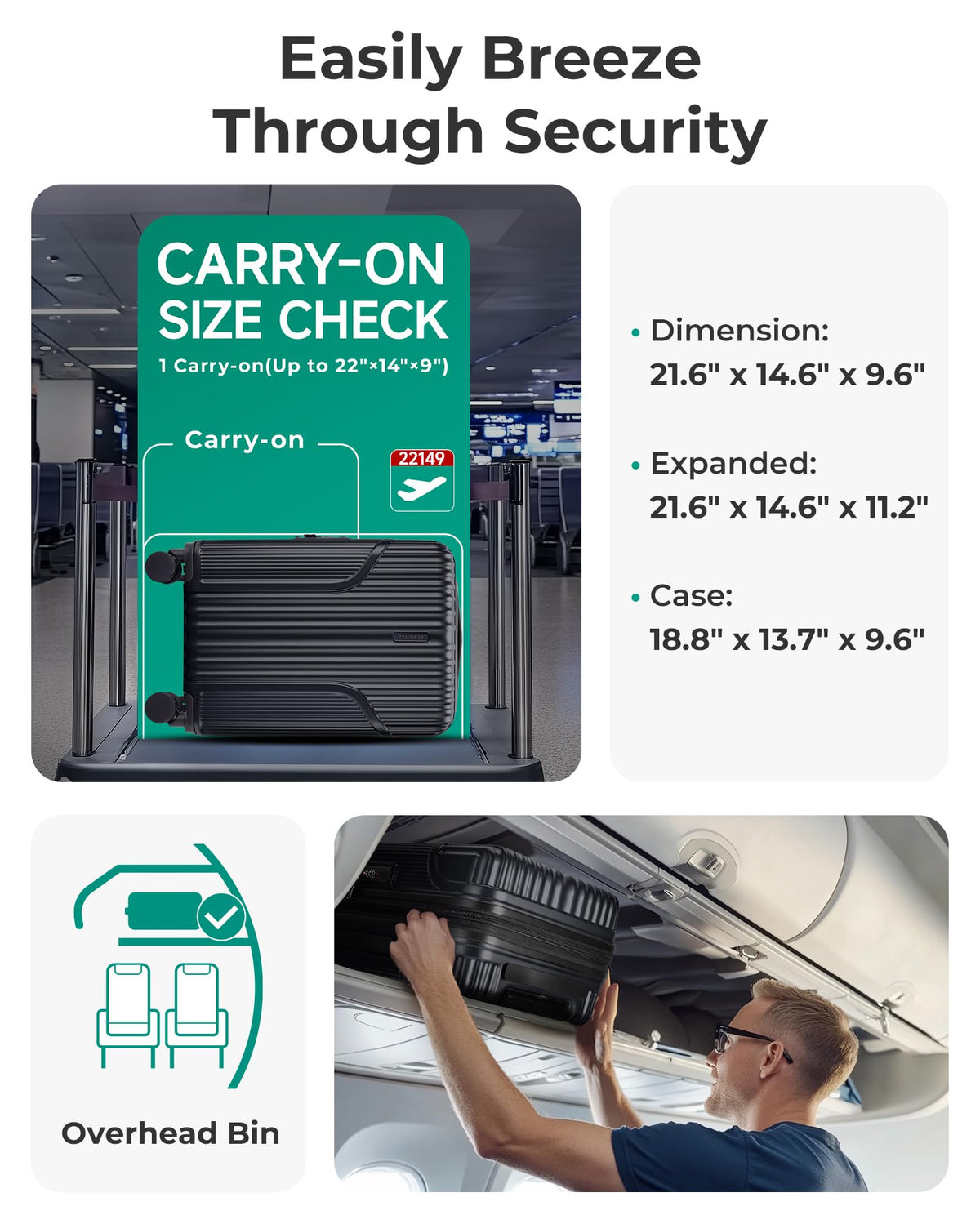 Carry On Luggage with Wheels, Black N667