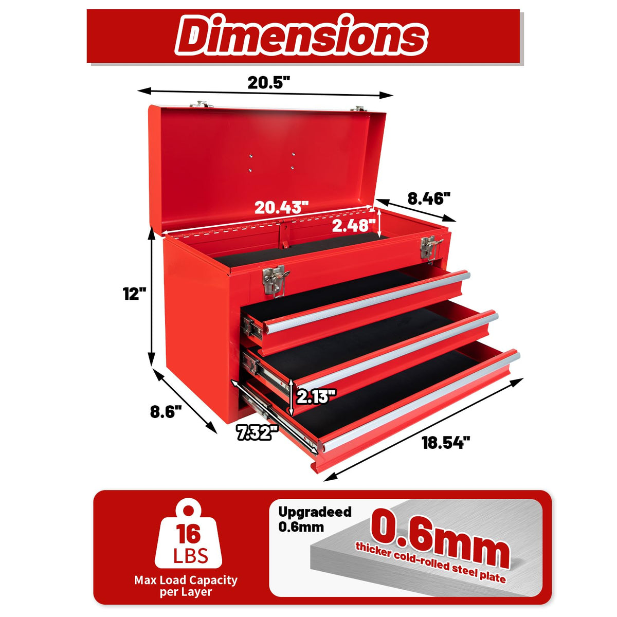 20.5-Inch Metal Tool Box with 3 Drawers X9259