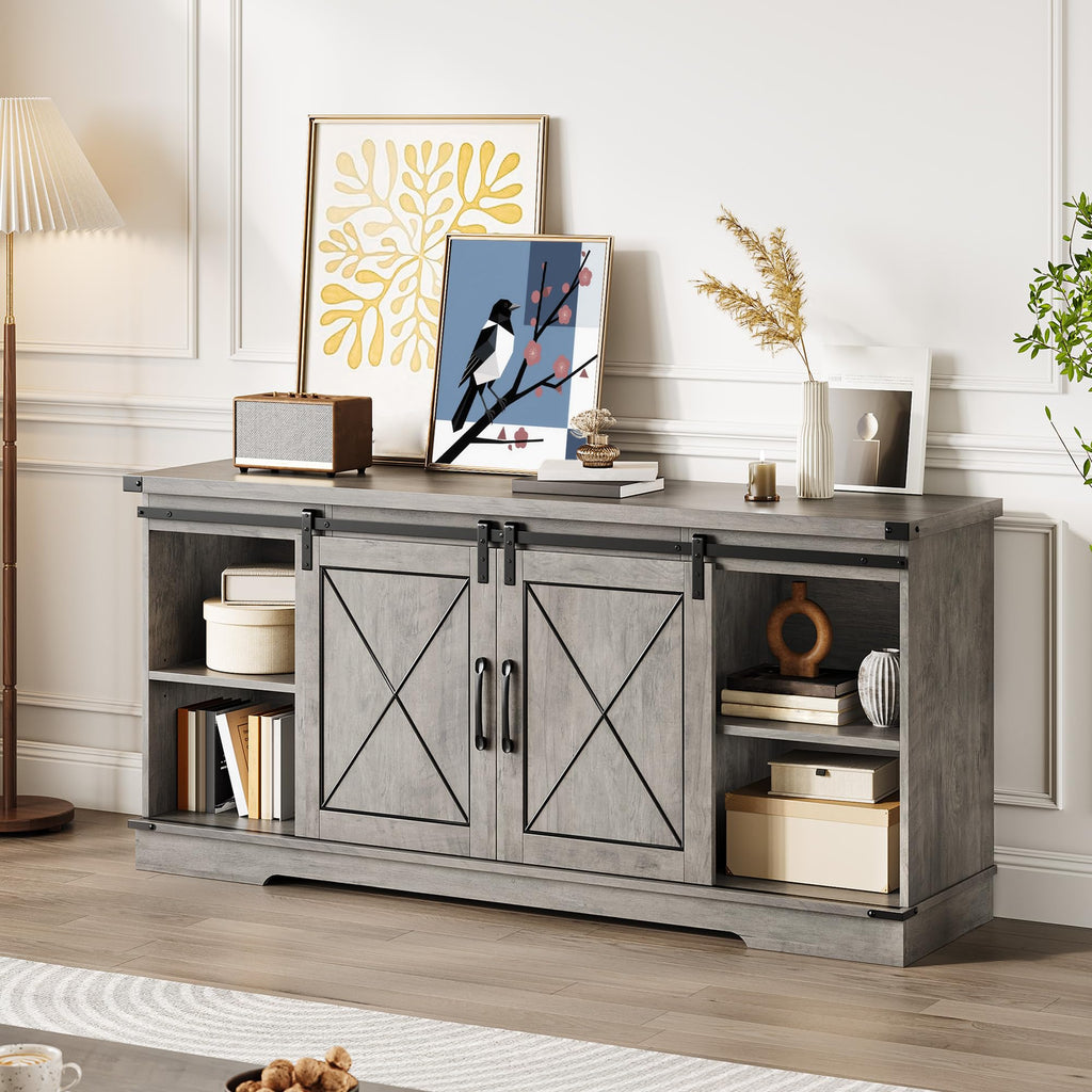 Farmhouse TV Stand with Sliding Barn Doors and Storage Cabinets C639