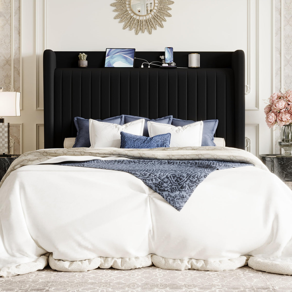 Queen Size Black Velvet Bed Frame with Shelf C782036