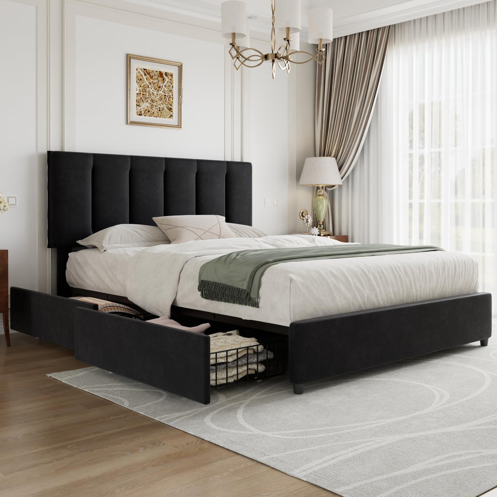 Queen Size Black Bed Frame with 4 Storage Drawers L387808