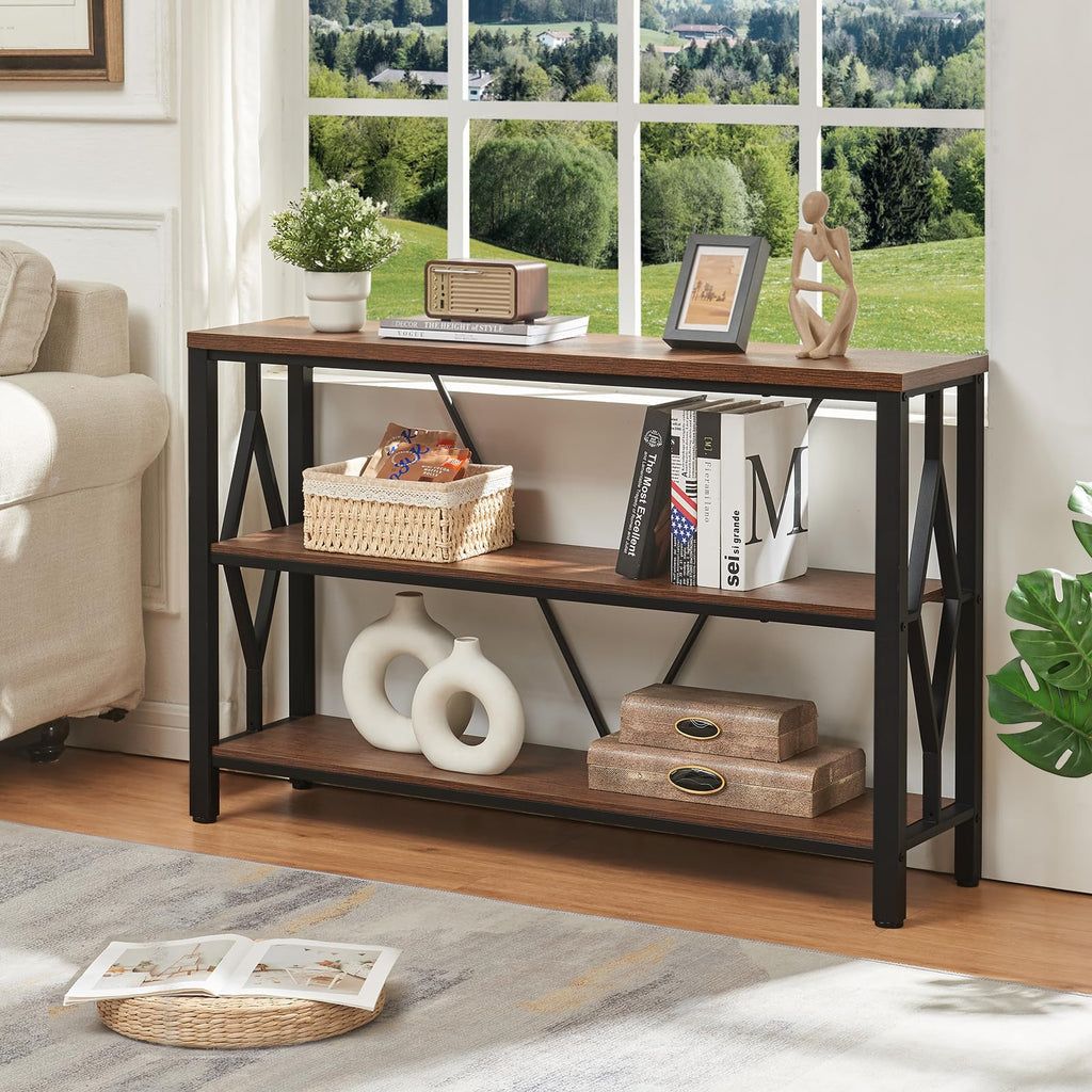 Brown 47 Inch Sofa Console Table with 3 Tier Bookshelf N9606