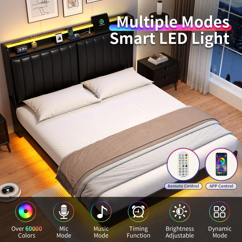 Full Size Black LED Bed Frame with Storage Headboard B1761
