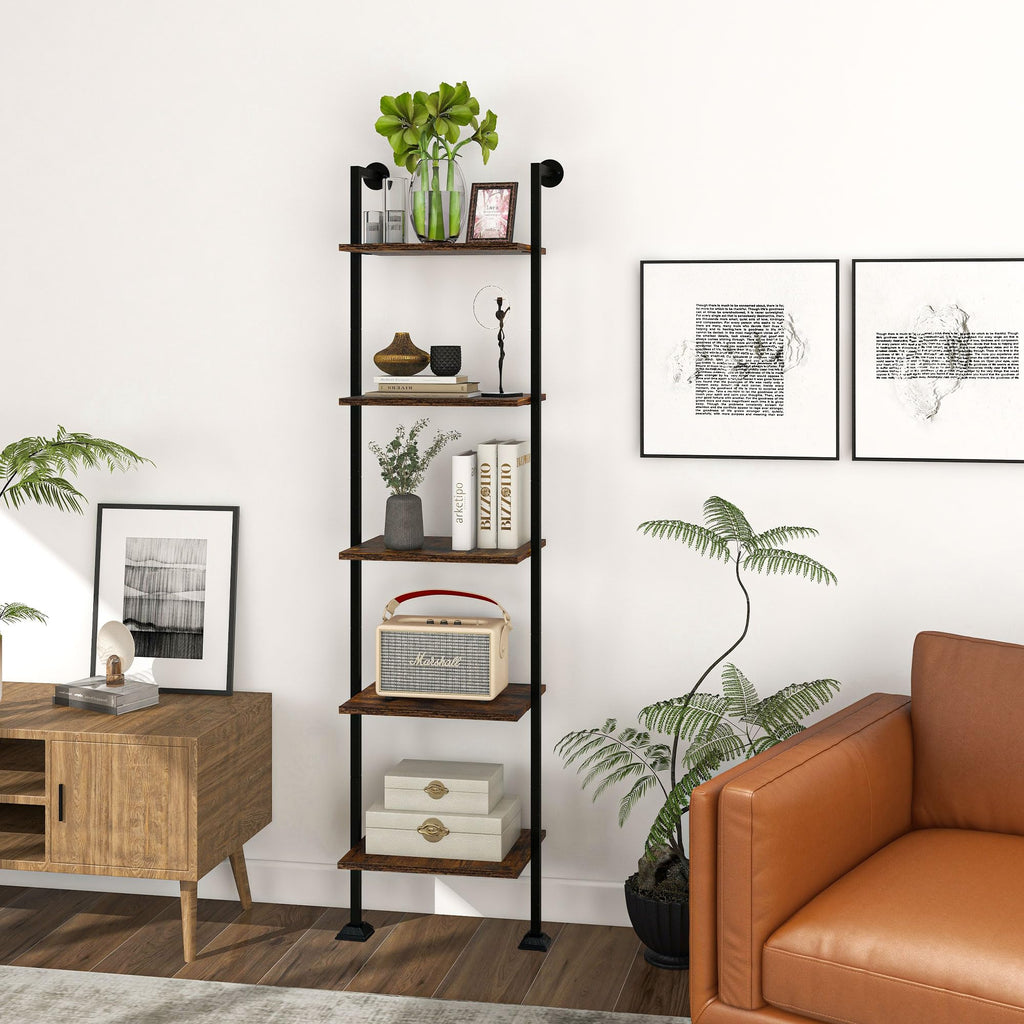 5-Tier Ladder Shelf Black Metal Frame Rustic Brown I354