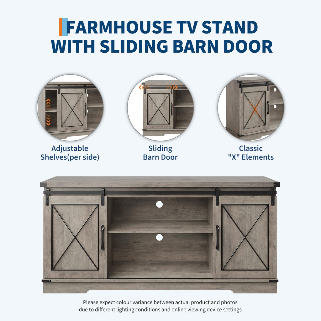 Farmhouse TV Stand with Sliding Barn Doors and Storage Cabinets C639