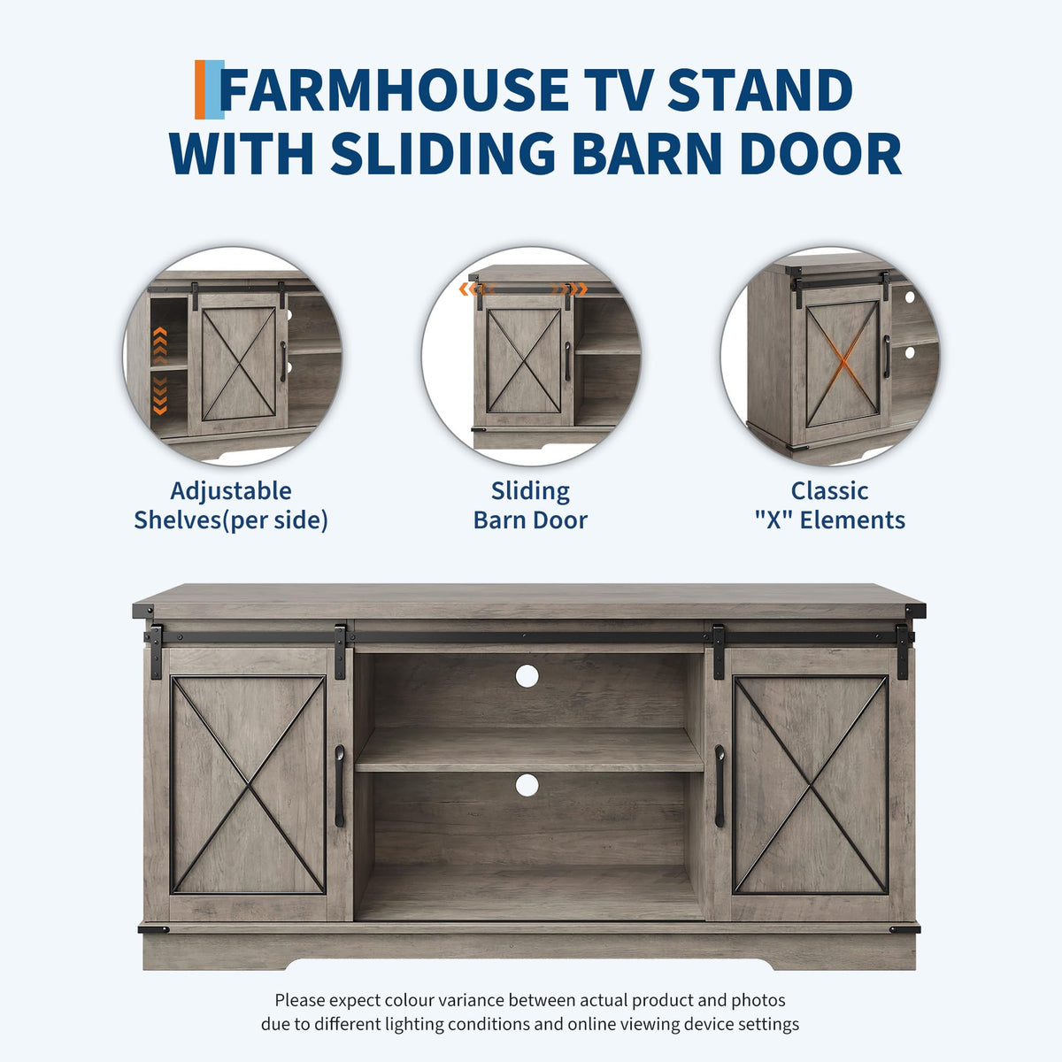 Farmhouse TV Stand with Sliding Barn Doors and Storage Cabinets C639