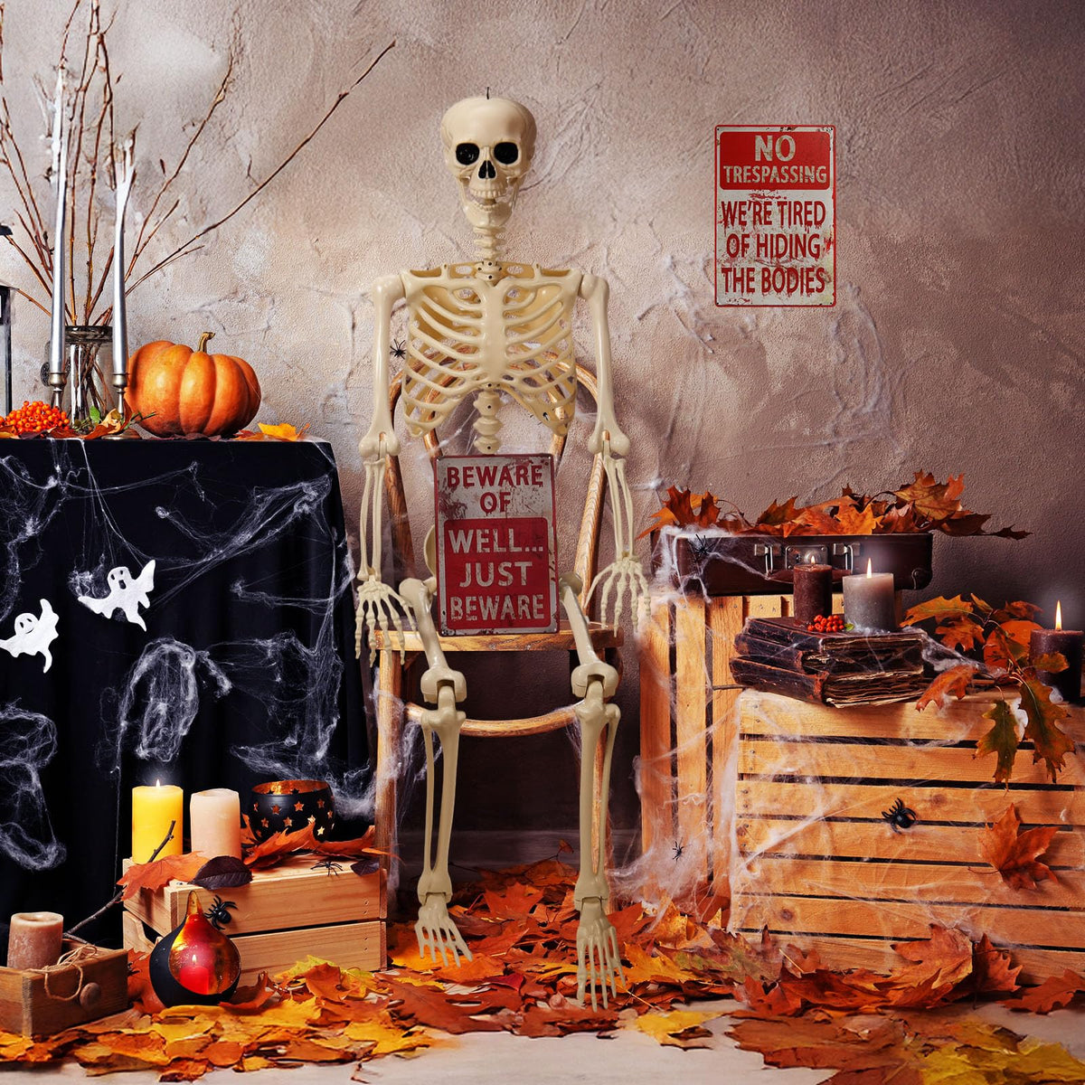 5.4 ft Posable Skeleton with 2 Pack Metal Signs K7710