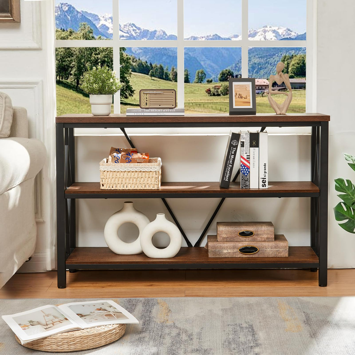 Brown 47 Inch Sofa Console Table with 3 Tier Bookshelf N9606