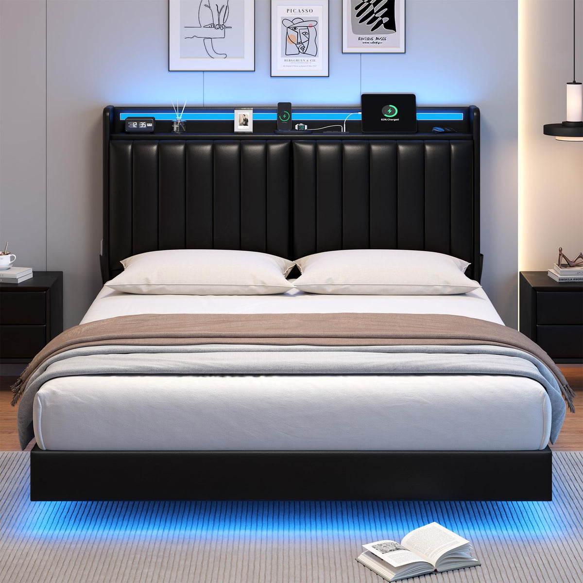 Full Size Black LED Bed Frame with Storage Headboard B1761
