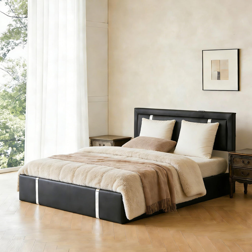 Black Faux Leather Upholstered Full Size Bed Frame with LED Headboard and USB Ports W735