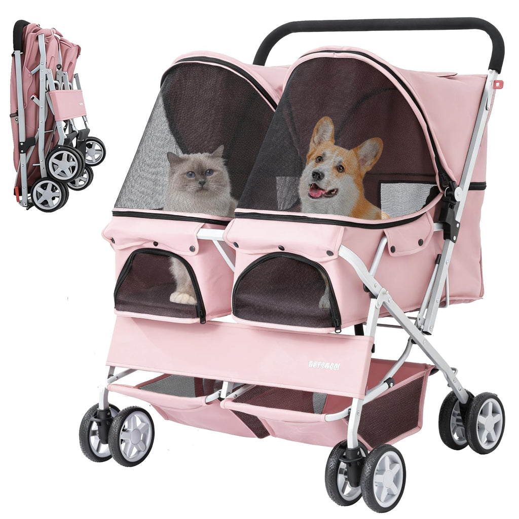 Double Pet Stroller for 2 Small Dogs & Cats, Side-by-Side Twin Travel Carriage with Safety Leashes, Mesh Windows & Double Storage Baskets, Lightweight & Foldable, 44lbs Capacity, Pink Z5518
