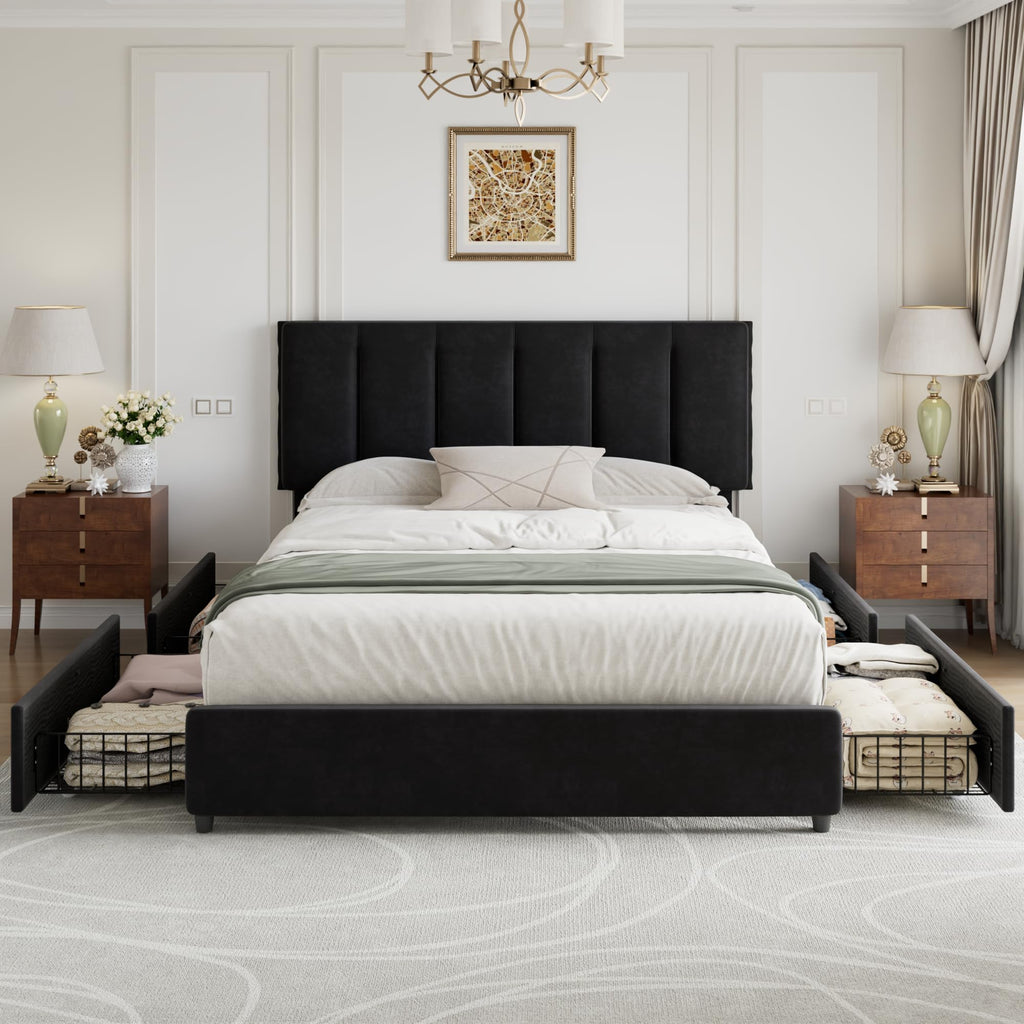 Queen Size Black Bed Frame with 4 Storage Drawers L387808