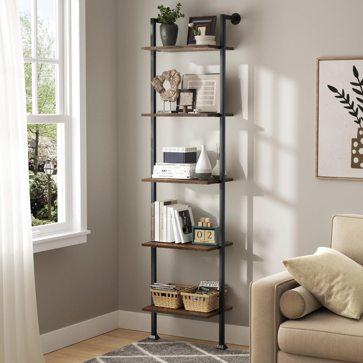 5-Tier Ladder Shelf Black Metal Frame Rustic Brown I354