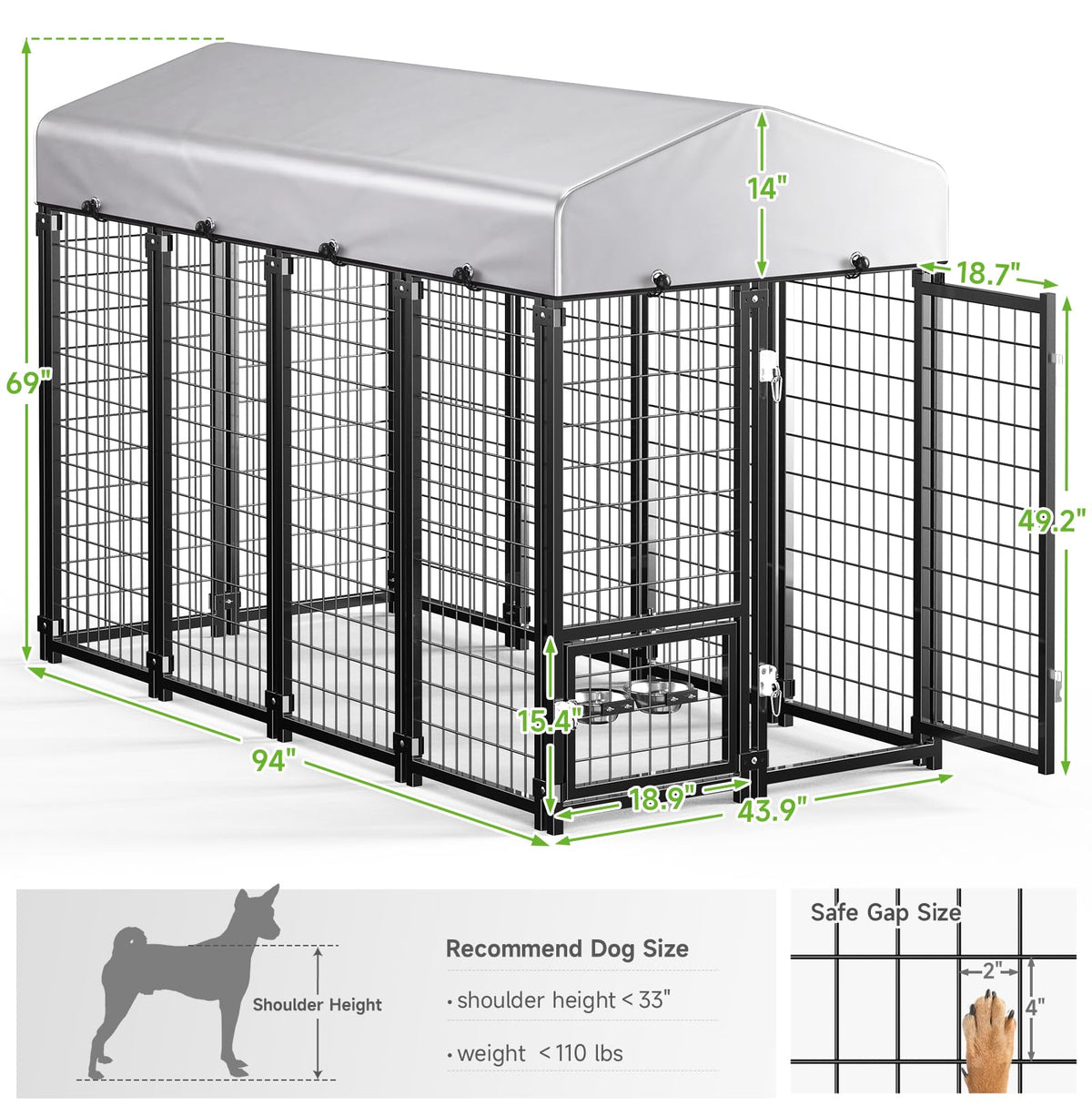 Weatherproof Outdoor Dog Kennel with Roof & Feeders A12899