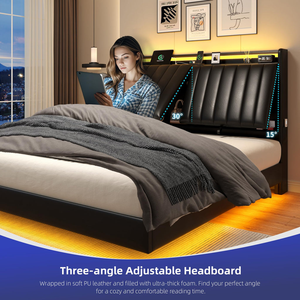 Full Size Black LED Bed Frame with Storage Headboard B1761