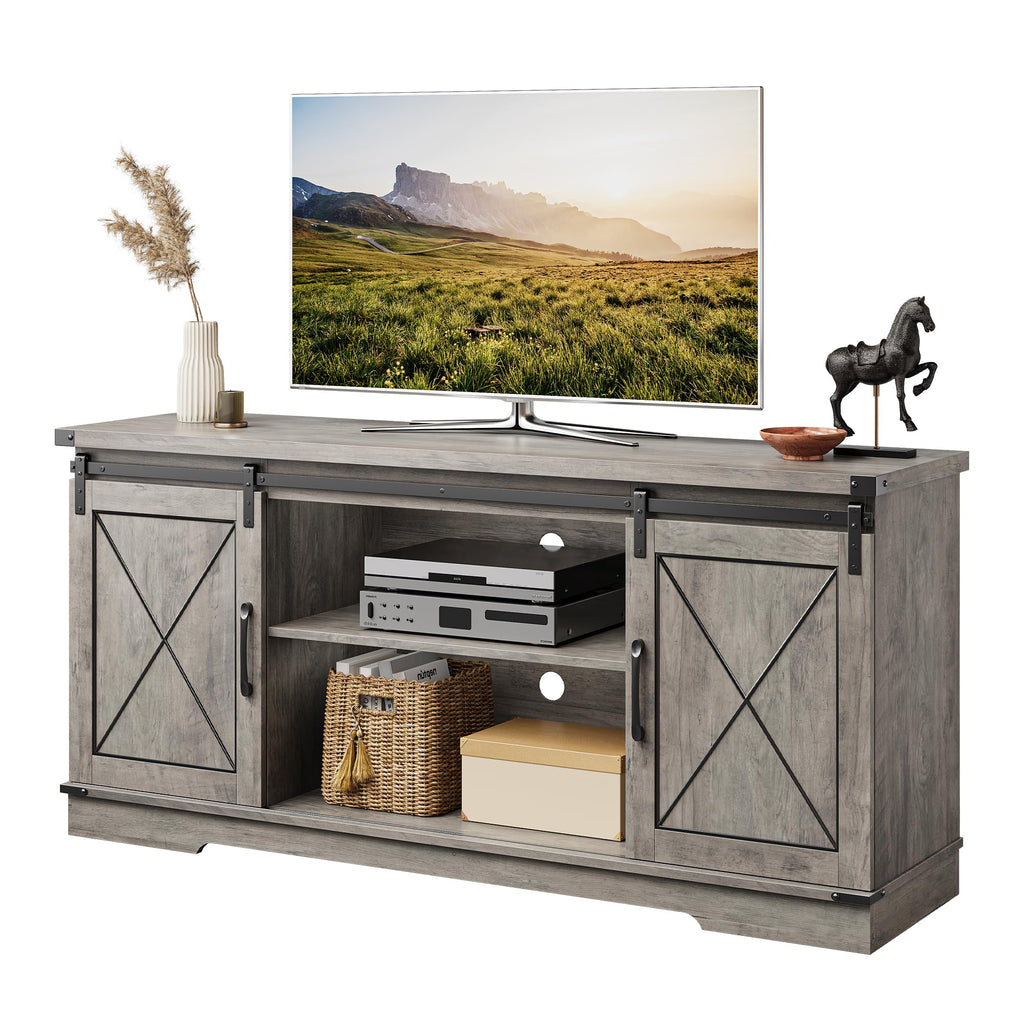 Farmhouse TV Stand with Sliding Barn Doors and Storage Cabinets C639