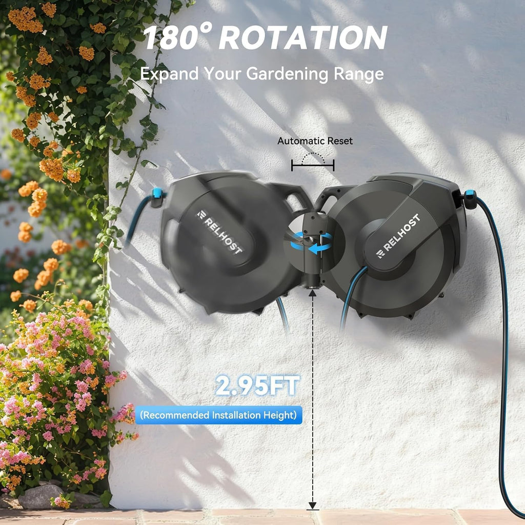 Retractable Garden Hose Reel, 1/2 in x 100 ft Wall Mount Heavy Duty with 10-Pattern Nozzle, Dark Grey Y480598