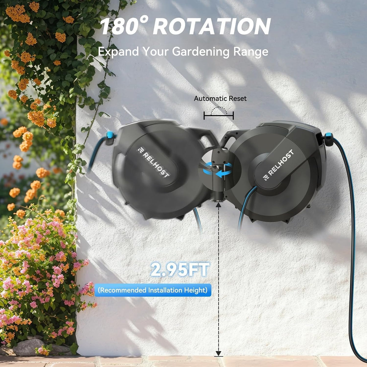 Retractable Garden Hose Reel, 1/2 in x 100 ft Wall Mount Heavy Duty with 10-Pattern Nozzle, Dark Grey Y480598
