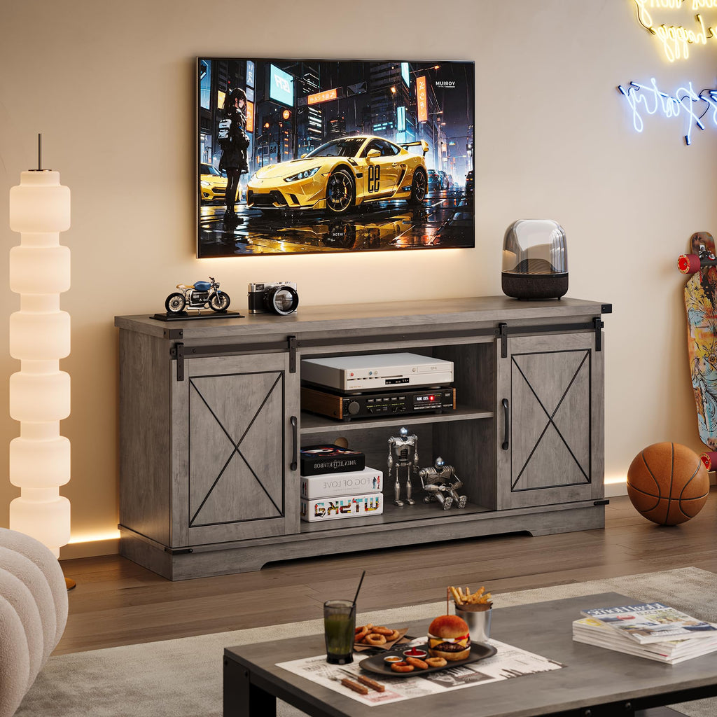 Farmhouse TV Stand with Sliding Barn Doors and Storage Cabinets C639