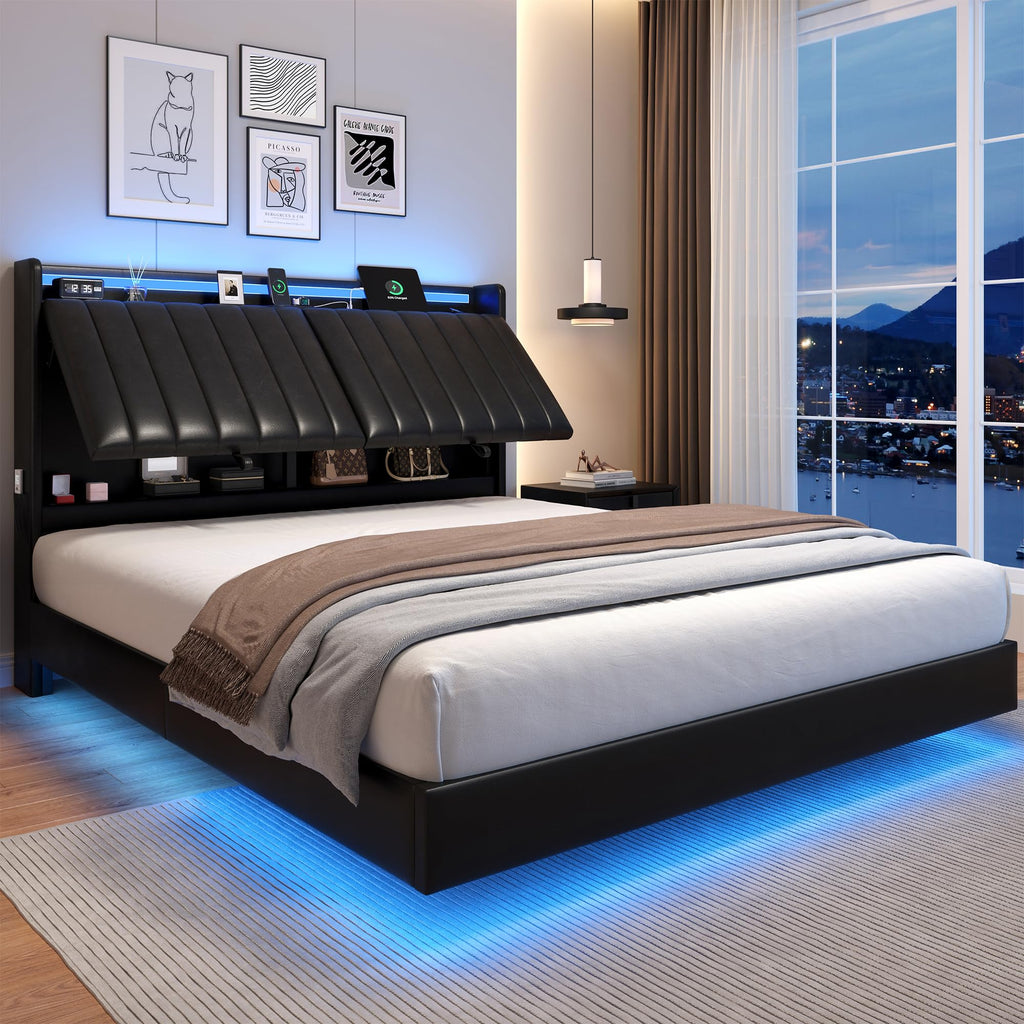Full Size Black LED Bed Frame with Storage Headboard B1761