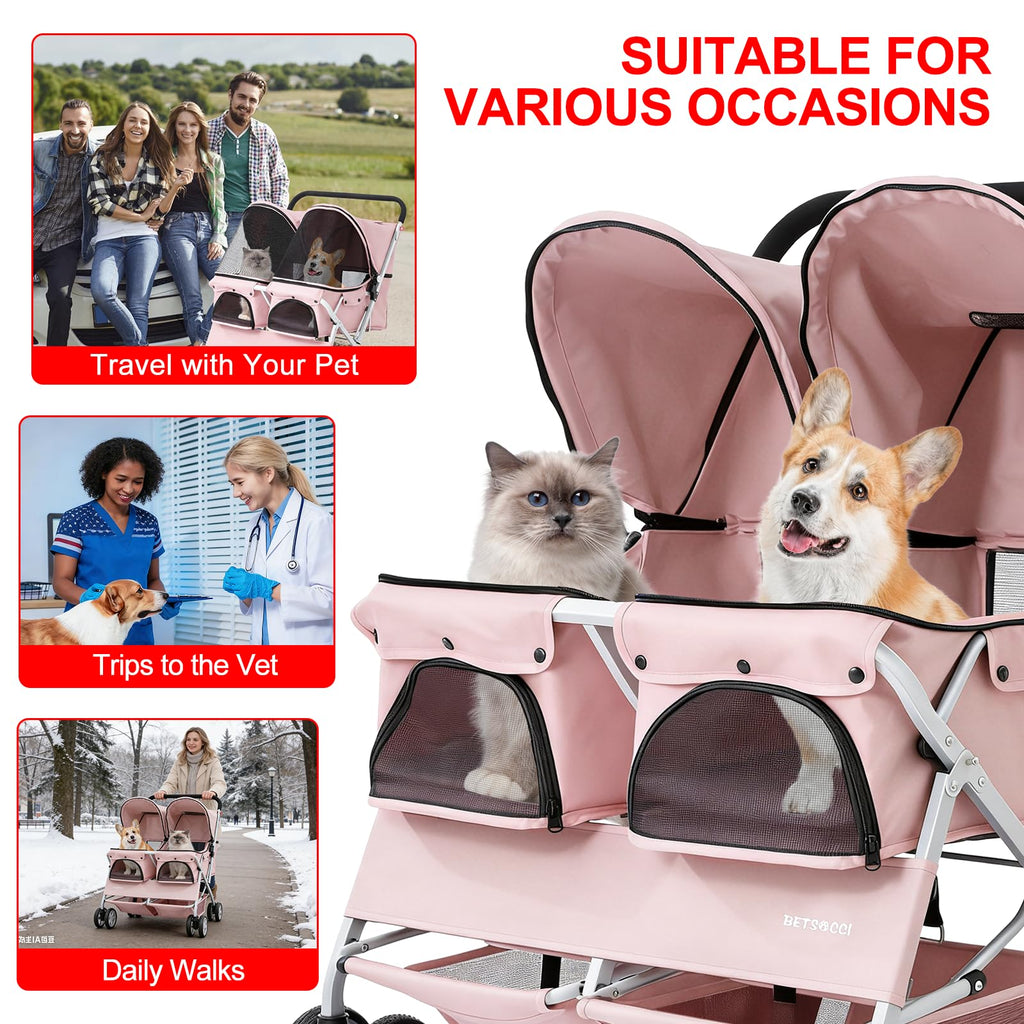 Double Pet Stroller for 2 Small Dogs & Cats, Side-by-Side Twin Travel Carriage with Safety Leashes, Mesh Windows & Double Storage Baskets, Lightweight & Foldable, 44lbs Capacity, Pink Z5518