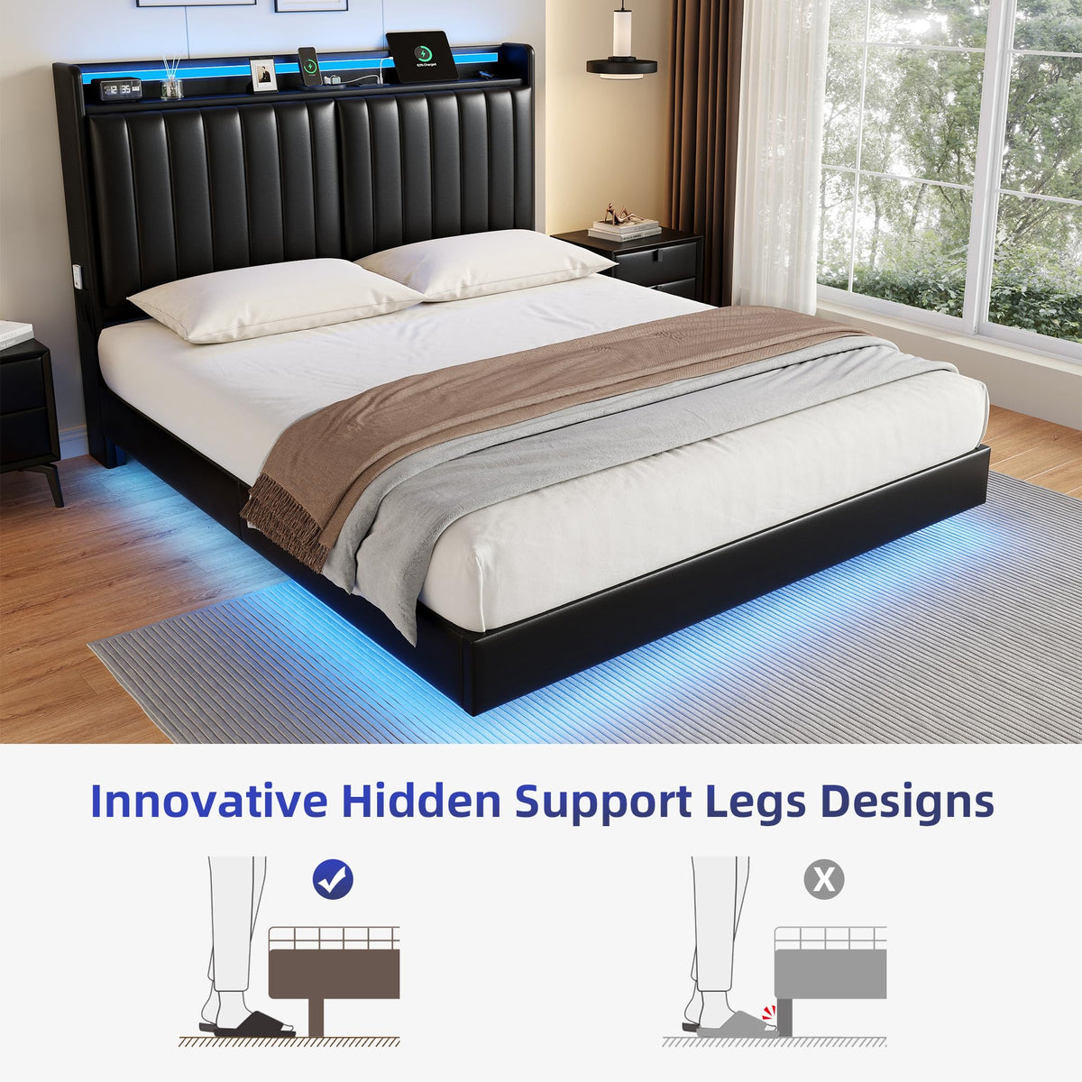 Full Size Black LED Bed Frame with Storage Headboard B1761