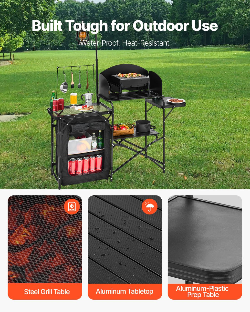 Black Aluminum Camping Kitchen Table with Storage Cupboard Z49445