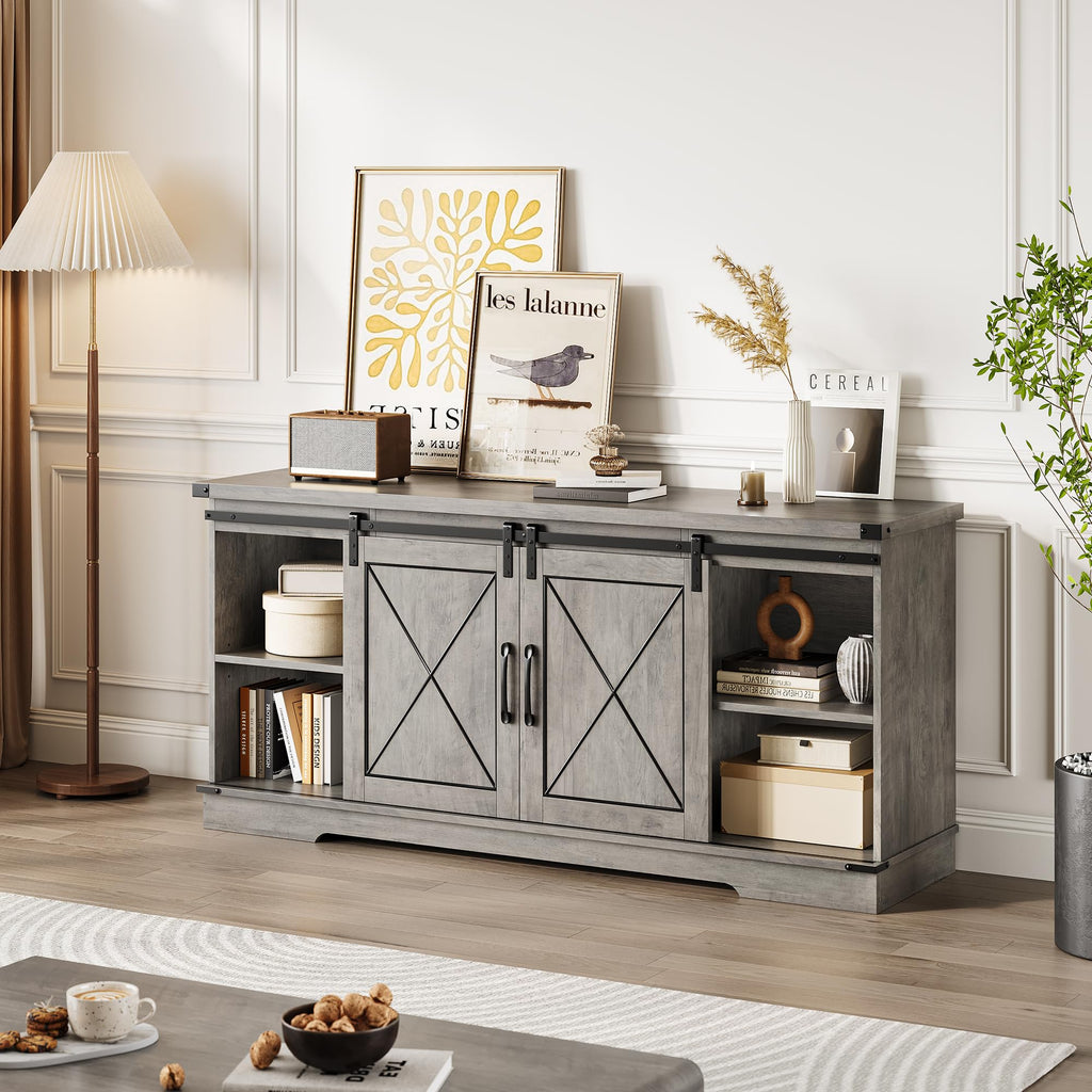 Farmhouse TV Stand with Sliding Barn Doors and Storage Cabinets C639