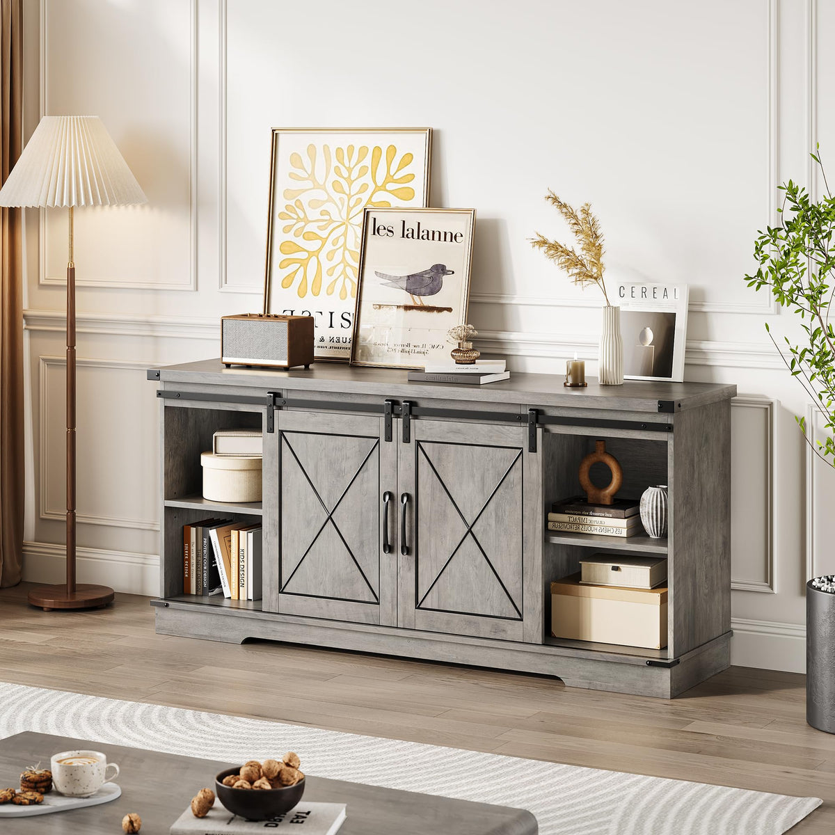 Farmhouse TV Stand with Sliding Barn Doors and Storage Cabinets C639