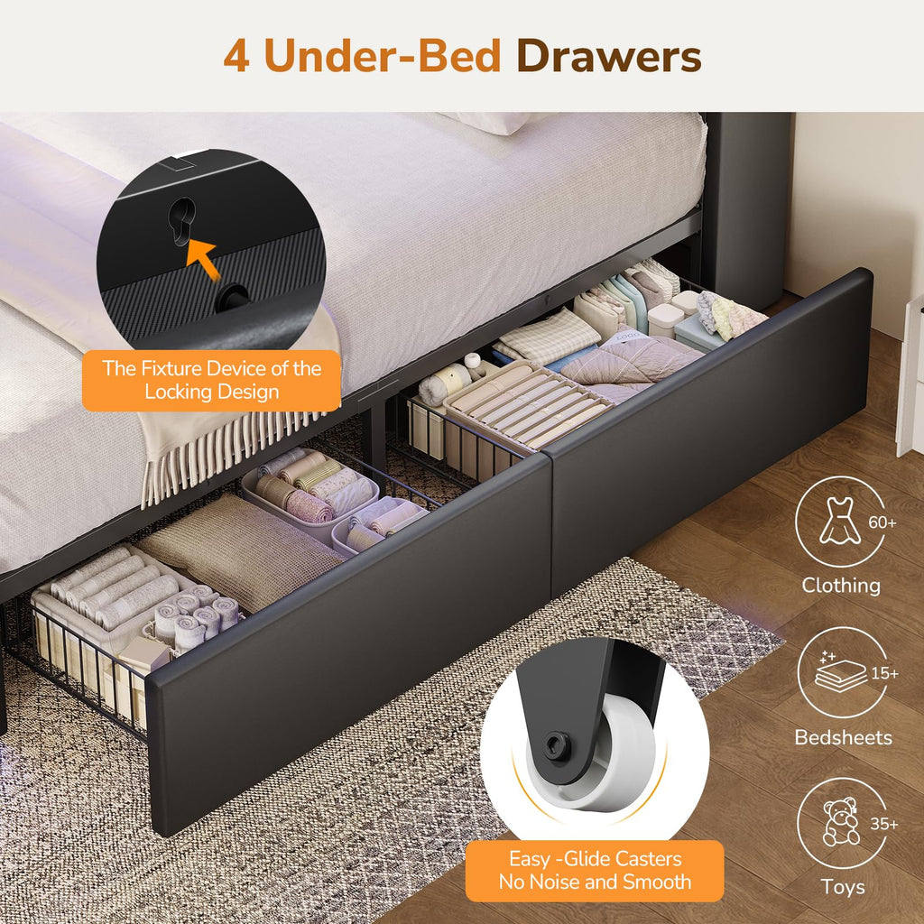 Full Size Bed Frame with 4 Drawers and Storage Headboard, Black D58782