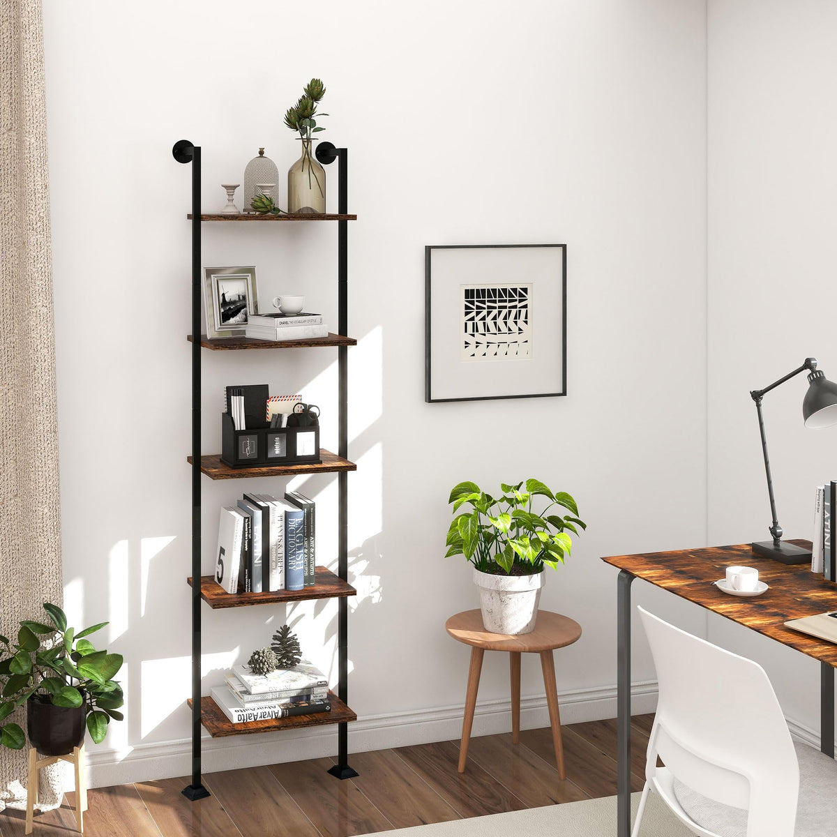 5-Tier Ladder Shelf Black Metal Frame Rustic Brown I354