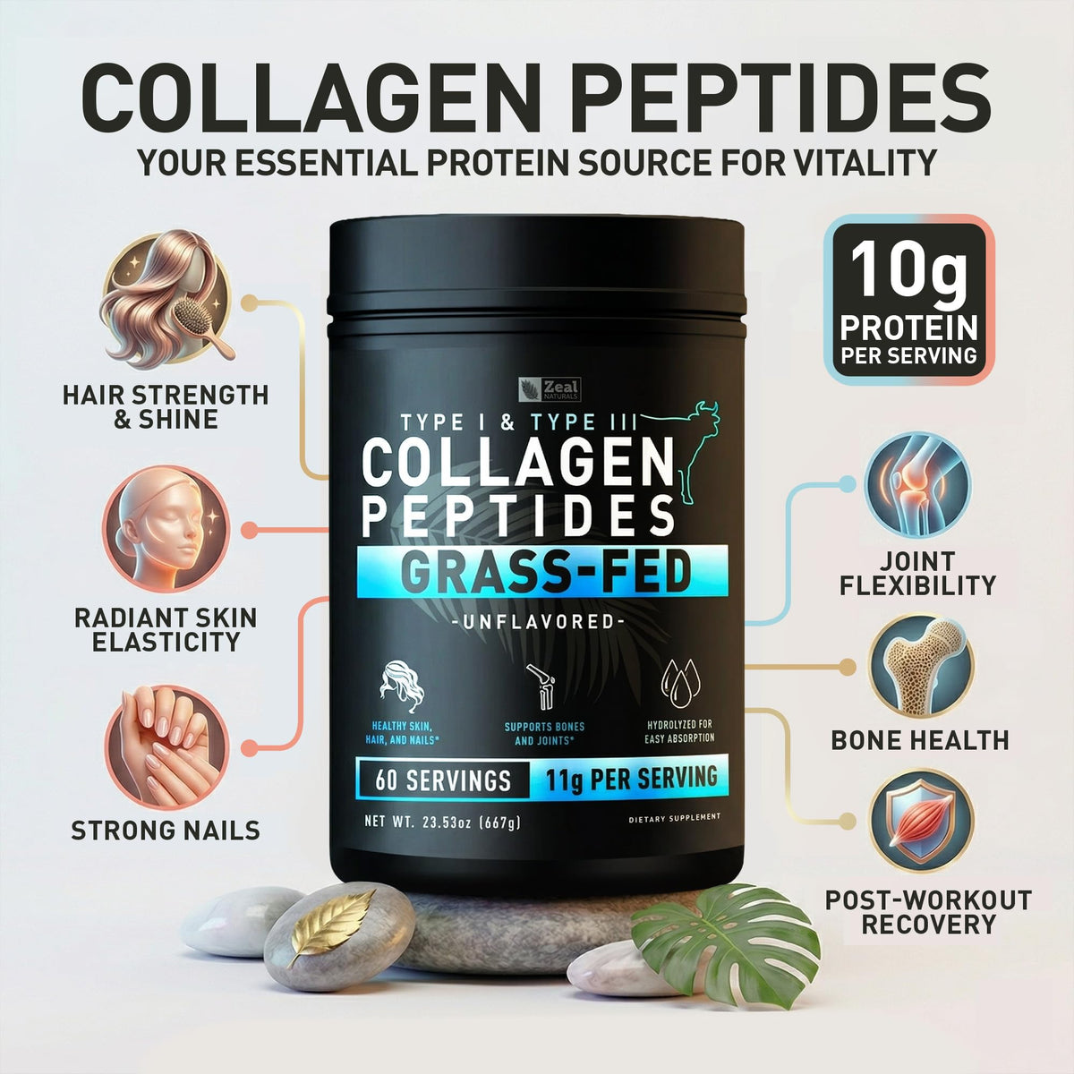 Hydrolyzed Collagen Peptides Powder, 10g Protein, Unflavored, 23.53 oz C379312