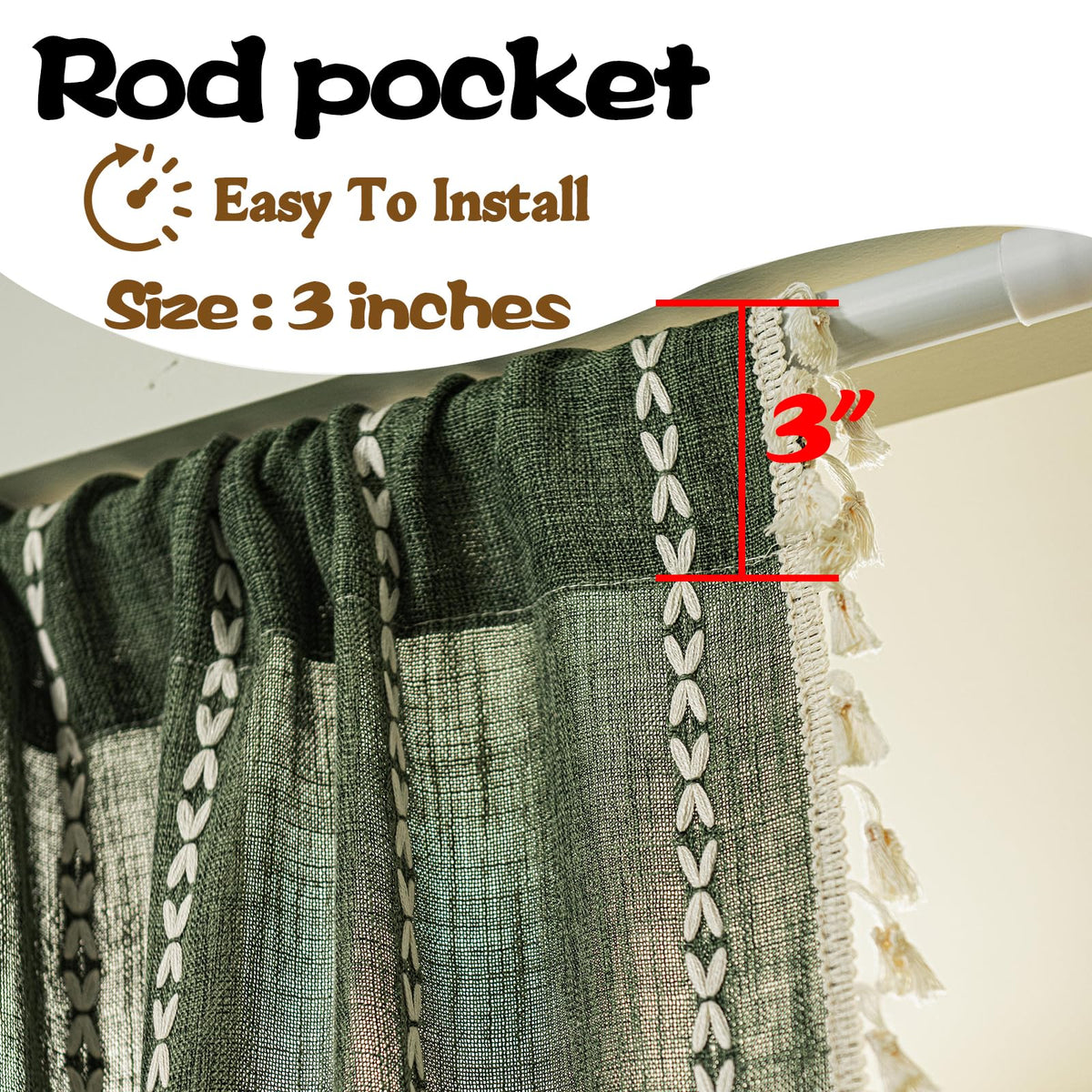 Boho Linen Tassles Light Filtering Door Curtains, Rod Pocket 1 Panel Olive Green I8181