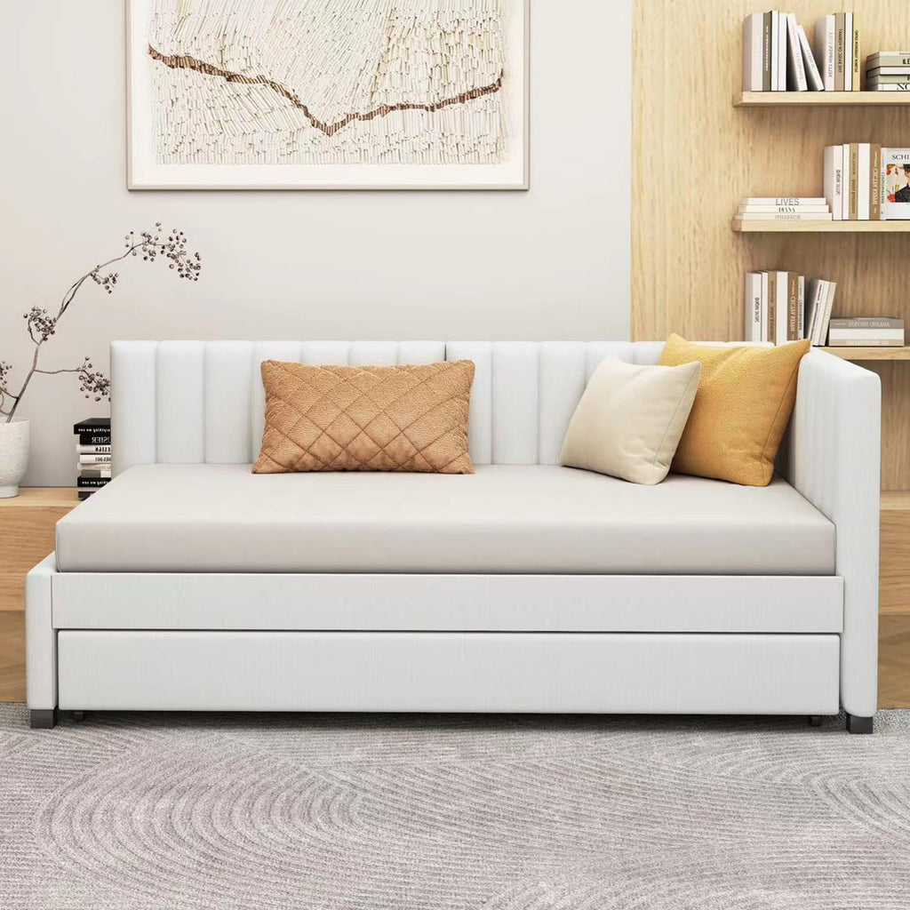 Beige Linen Upholstered Daybed with Trundle Twin Size K4541