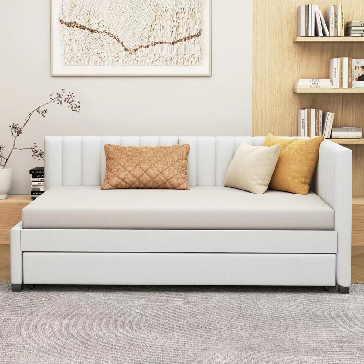 Beige Linen Upholstered Daybed with Trundle Twin Size K4541