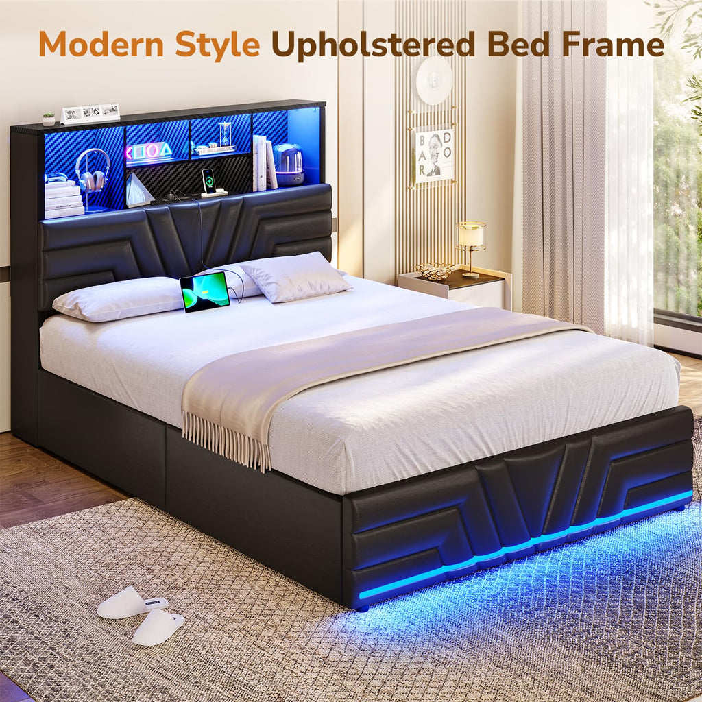 Full Size Bed Frame with 4 Drawers and Storage Headboard, Black D58782