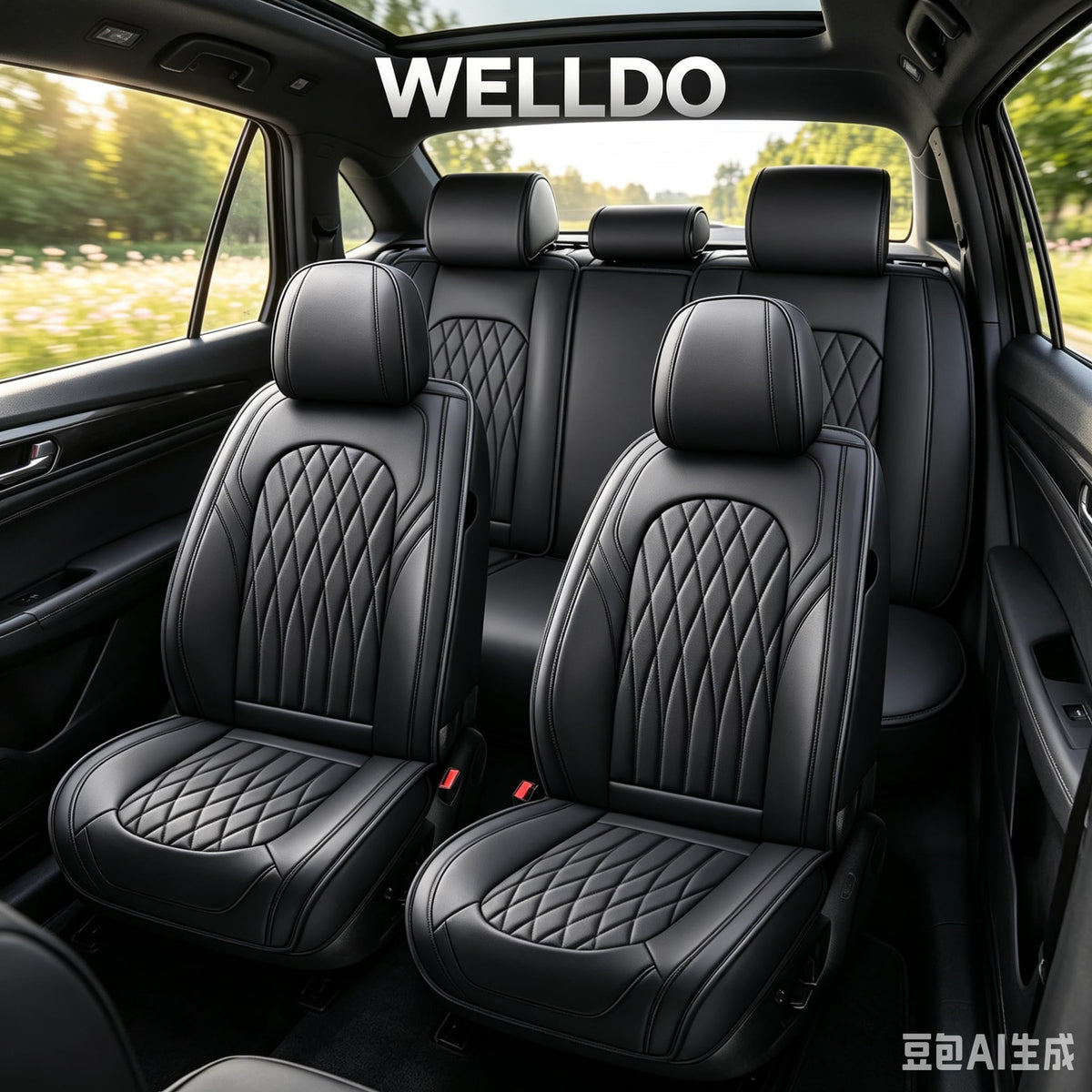 Black Faux Leather Car Seat Cover Full Set B870