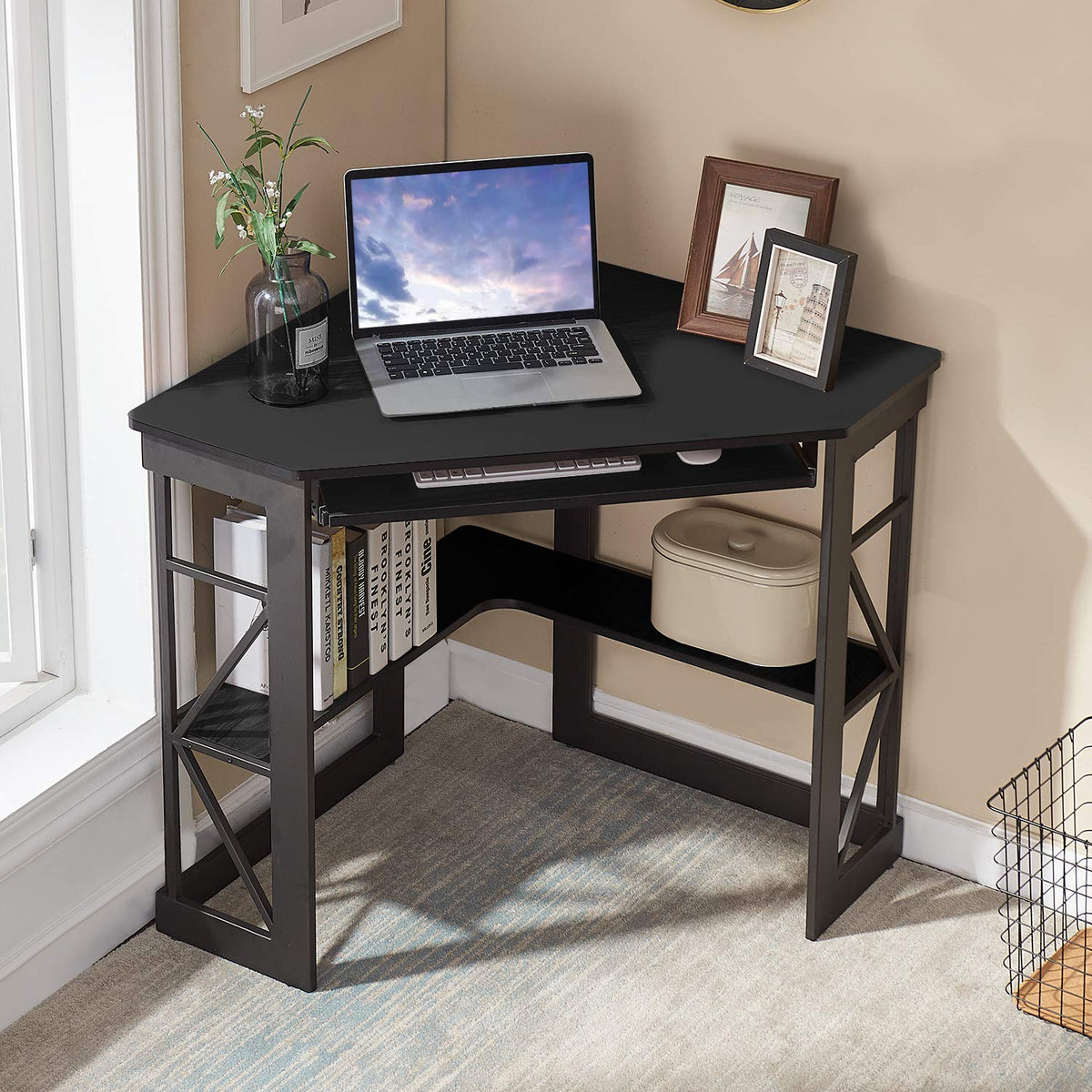 Black Corner Computer Desk with Keyboard Tray V886889