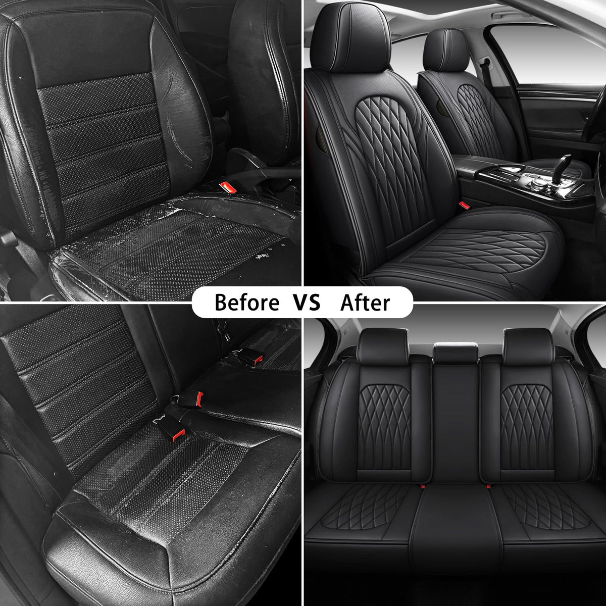 Black Faux Leather Car Seat Cover Full Set B870