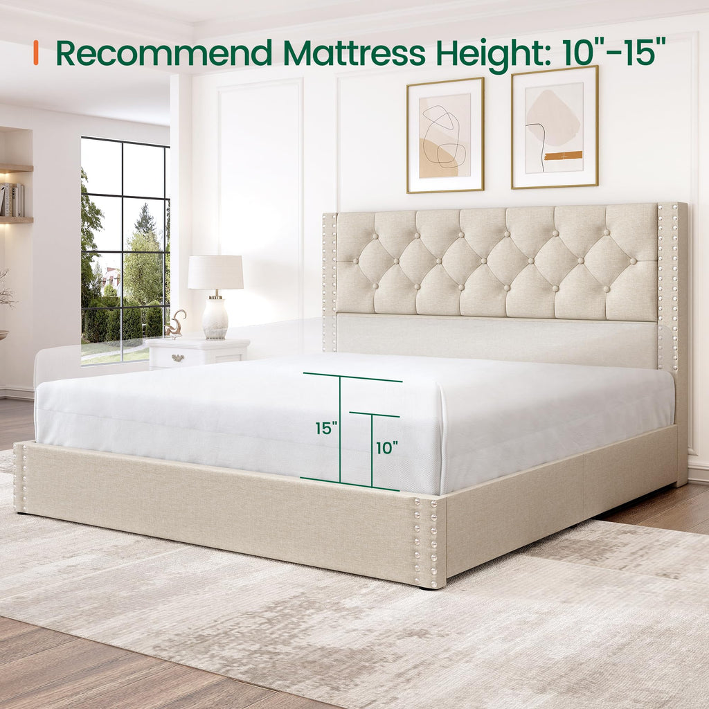 Queen Size Linen Upholstered Platform Bed Frame with 4 Storage Drawers I52874